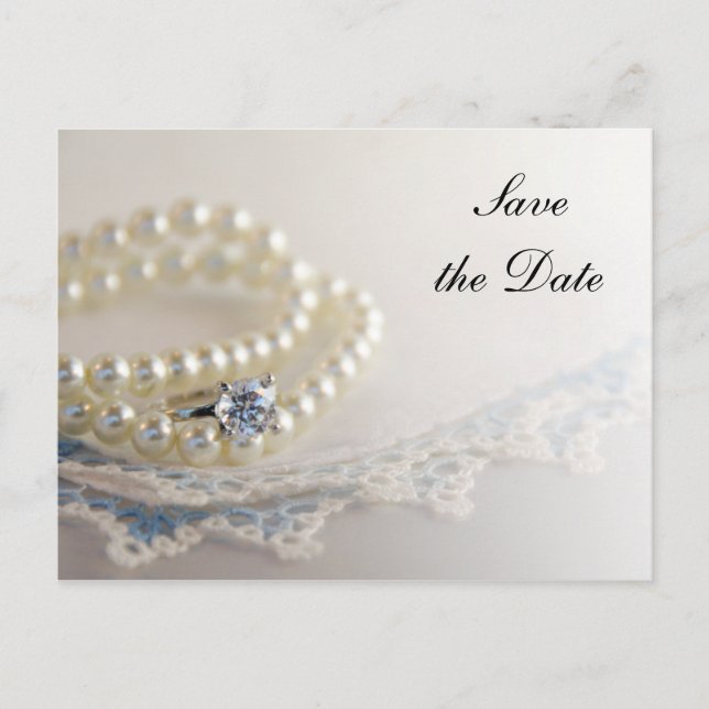 Pearls, Ring and Blue Lace Wedding Save the Date Announcement Postcard (Front)