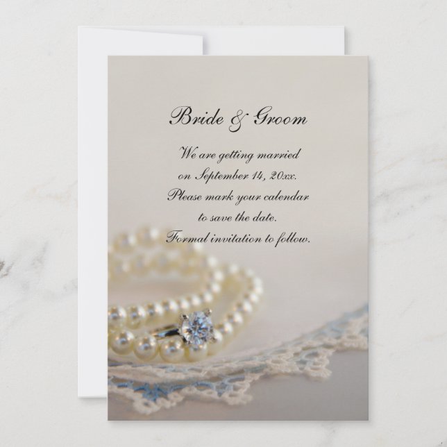 Pearls, Ring and Blue Lace Wedding Save the Date Invitation (Front)