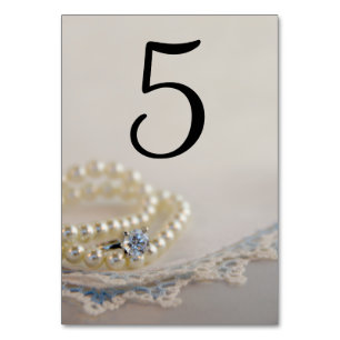 Pearls, Ring and Blue Lace Wedding Table Numbers