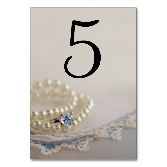 Pearls, Ring and Blue Lace Wedding Table Numbers (Front)