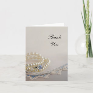 Pearls. Ring and Blue Lace Wedding Thank You Card