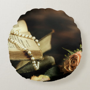 Pearls-Rose-Vintage Books Round Pillow