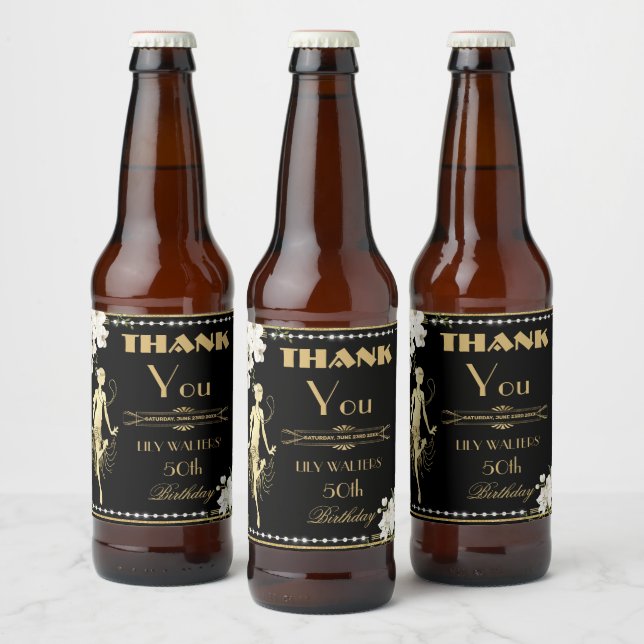 Pearls White Floral Art Deco Gatsby 20s Birthday  Beer Bottle Label (Bottles)