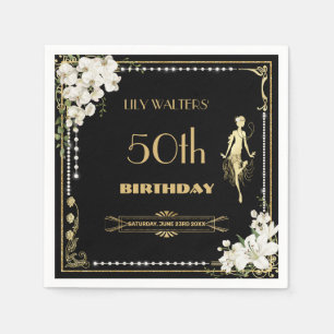 Pearls White Floral Art Deco Gatsby 20s Birthday  Napkin
