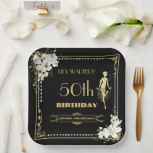 Pearls White Floral Art Deco Gatsby 20s Birthday Paper Plate