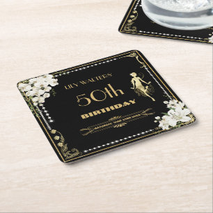 Pearls White Floral Art Deco Gatsby 20s Birthday Square Paper Coaster