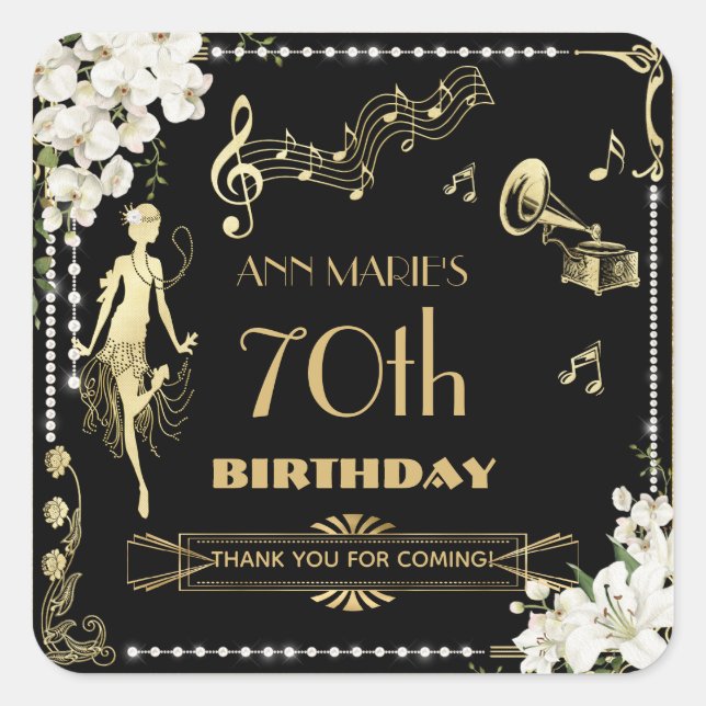 Pearls White Floral Art Deco Gatsby 20s Birthday Square Sticker (Front)