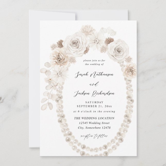 Pearls & White Floral Wedding Invitation (Front)