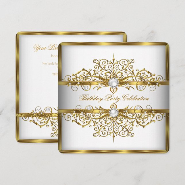Pearls White Gold Elegant Birthday Party 2 Invitation (Front/Back)