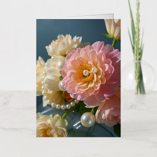 Pearls with pink flowers foil greeting card