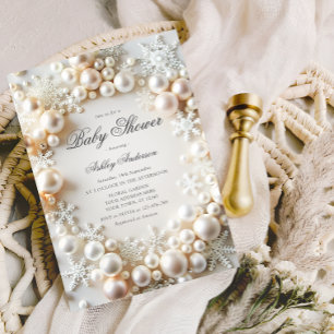 Pearls with Snowflakes Neutral Baby Shower Invitation
