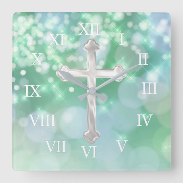 Pearly Cross with Aqua Sparkle Square Wall Clock (Front)
