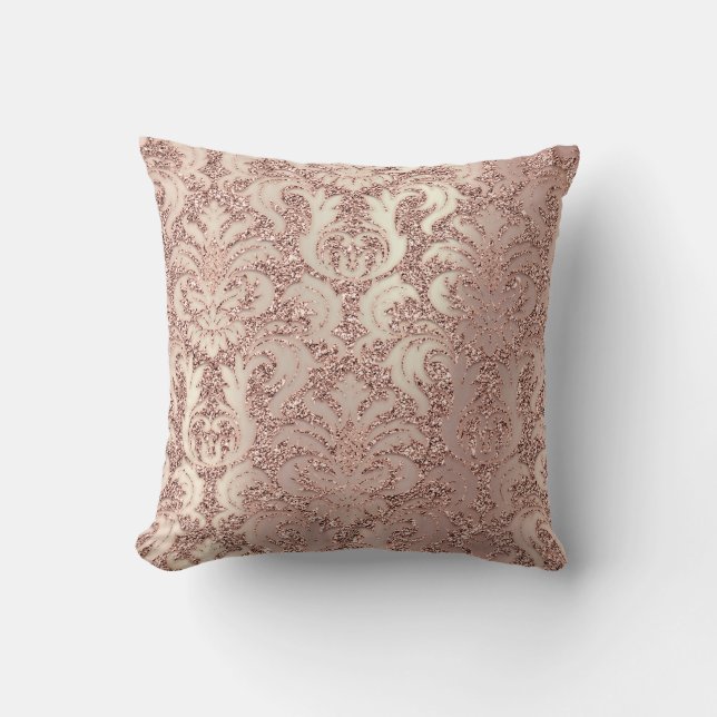 Pearly Metal Damask Pink Rose Gold Blush Glitter Throw Pillow (Front)