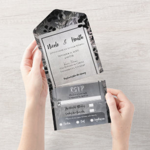 Pearly Opalescent Moody Glam Floral Wedding     All In One Invitation