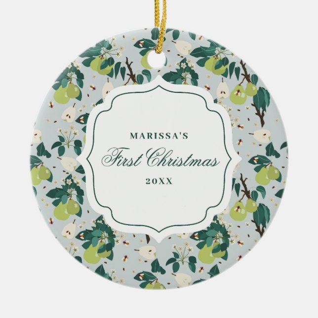 Pears & Bees Botanical Floral Garden Christmas Ceramic Ornament (Front)