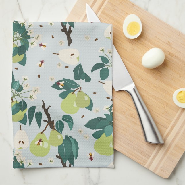 Pears & Bees in a Botanical Floral Garden Kitchen Kitchen Towel (Quarter Fold)