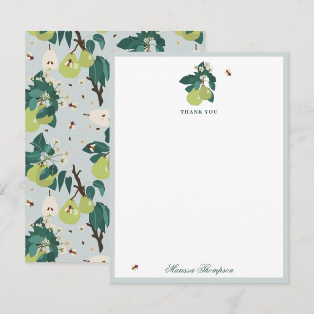 Pears & Bees in a Botanical Floral Garden  Thank You Card (Front/Back)