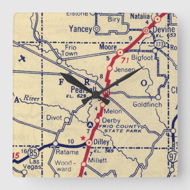 Pearsall TX Vintage Map Square Wall Clock (Front)