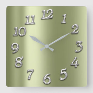 Peas Green Metallic Arabic Numbers Silver Gray Square Wall Clock