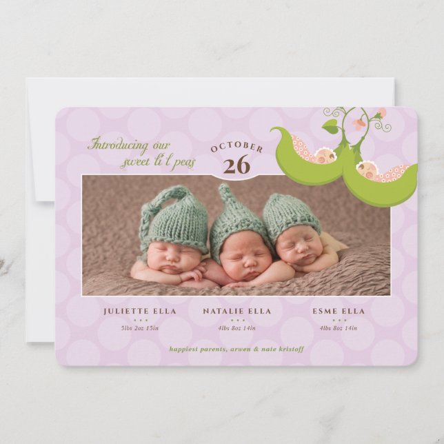 Peas in a Pod All Girl Triplets Birth Announcement (Front)