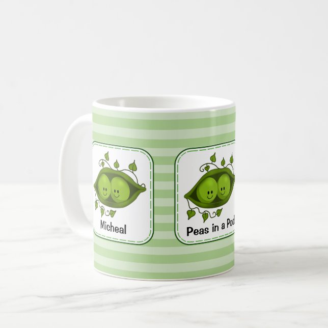 Peas In A Pod with Green Stripes Personalized Coffee Mug (Front Left)