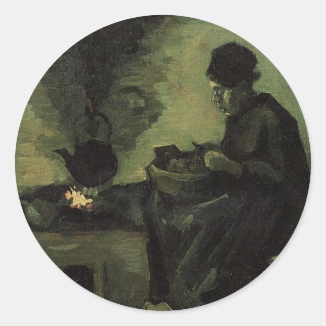 Peasant Woman by Fireplace by Vincent van Gogh Classic Round Sticker (Front)
