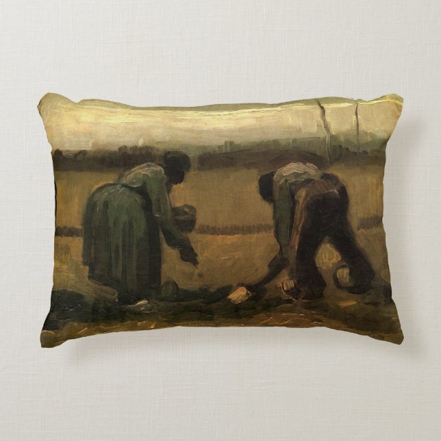 Peasant Woman Planting Potato by Vincent van Gogh Accent Pillow (Front)
