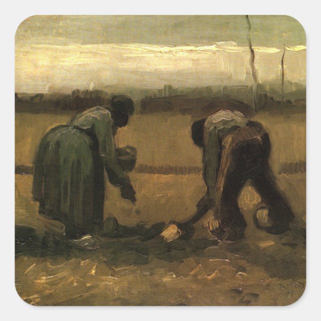 Peasant Woman Planting Potato by Vincent van Gogh Square Sticker (Front)