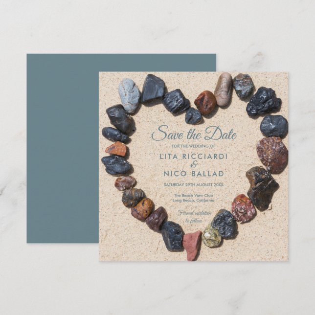 Pebble Heart Beach Save the Date Invitation (Front/Back)