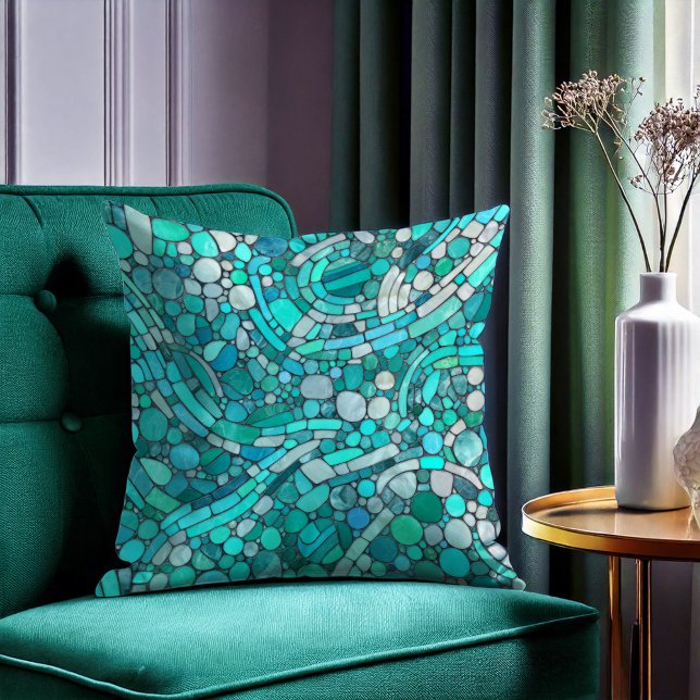 Pebbles Mosaic Art -Aquamarine and Pearl  Throw Pillow (Creator Uploaded)