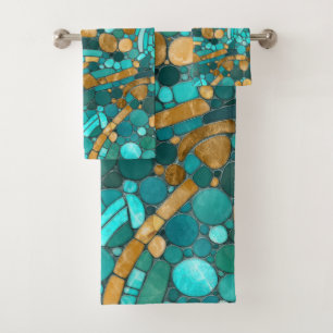 Pebbles Mosaic Art -Emerald and Gold  Bath Towel Set