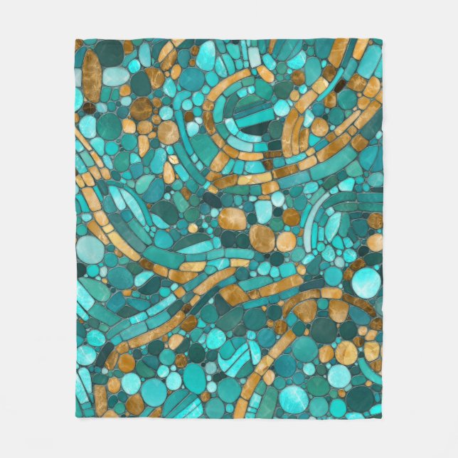 Pebbles Mosaic Art -Emerald and Gold  Fleece Blanket (Front)