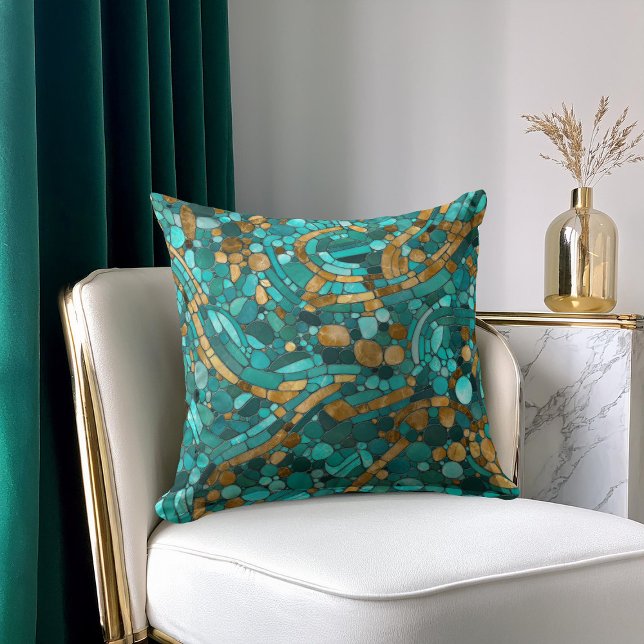 Pebbles Mosaic Art -Emerald and Gold  Throw Pillow (Creator Uploaded)