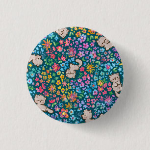 Pebble's Whimsical Garden Grey Cat & Bright Floral 1 Inch Round Button