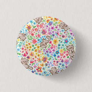 Pebble's Whimsical Garden Grey Cat & Bright Floral 1 Inch Round Button