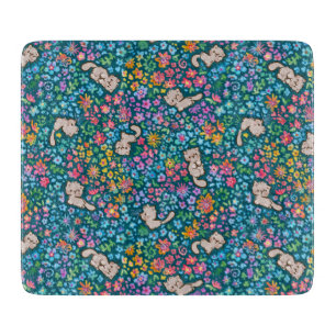 Pebble's Whimsical Garden Grey Cat & Bright Floral Cutting Board