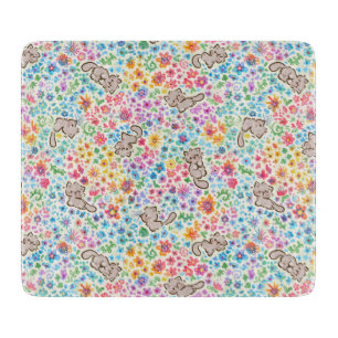Pebble's Whimsical Garden Grey Cat & Bright Floral Cutting Board