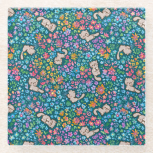 Pebble's Whimsical Garden Grey Cat & Bright Floral Glass Coaster