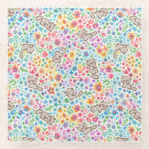 Pebble's Whimsical Garden Grey Cat & Bright Floral Glass Coaster