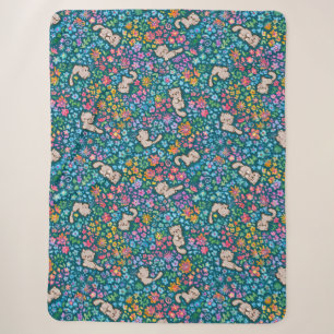 Pebble's Whimsical Garden Grey Cat & Bright Floral Sherpa Blanket