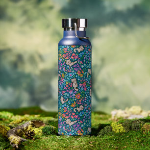 Pebble's Whimsical Garden Grey Cat & Bright Floral Water Bottle