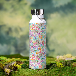 Pebble's Whimsical Garden Grey Cat & Bright Floral Water Bottle