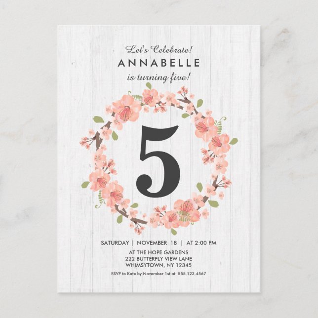 Pêche au bois blanc Floral Invitation de fête d'an (Devant)