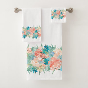 Pêche et aquarelle Aqua Floral sur blanc