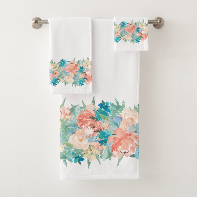 Pêche et aquarelle Aqua Floral sur blanc (En situation)