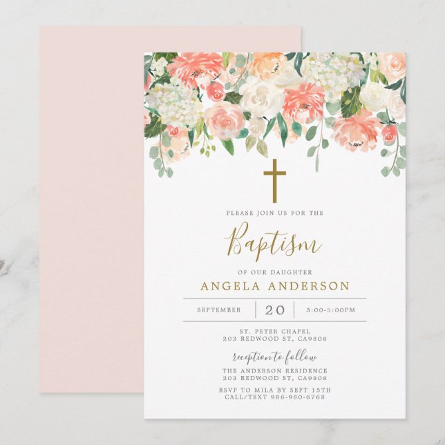 Pêche et crème Baptême / Invitation Christening (Devant / Derrière)