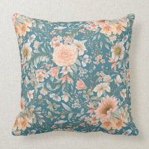 Pêche et Flore bleue sur oreiller à Turquoise moye