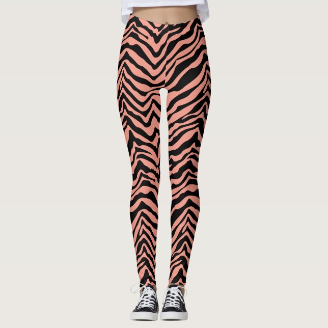 Pêche et noir Zèbre Motif animal Leggings (Devant)