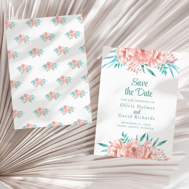 Pêche et turquoise Enregistrer la carte Date (Peach and Turquoise Save the Date Card on a sunny white dry palm leaf.)