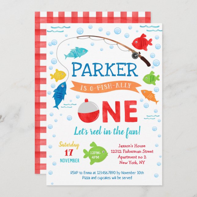 Pêche O-fish-ally ONE 1er anniversaire Invitations (Devant / Derrière)